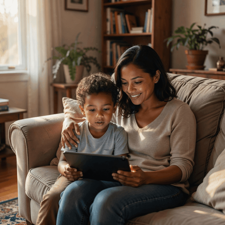 Two young children playing with a tablet together on a rug